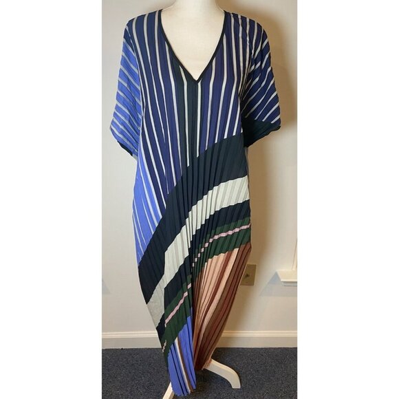 Delfi Collective Mara Kaftan Dress Pleated Blue Gray Pink Green Stripe One Size - Picture 1 of 6